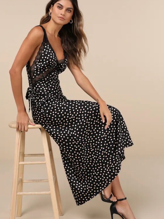 Lulus Dresses & Skirts - Lulus Polka Dot Lace-Trim Black Maxi Dress